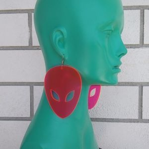 Giant Neon Pink UV Reactive Alien Earrings